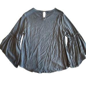 Spense Oil Wash Bell Sleeve Top Crochet Trim Long Sleeve Blouse Blue Size L
